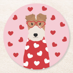 Dessous-de-verre Rond En Papier Térrier Fox à poil dur Chien Lunettes de cœur Rose