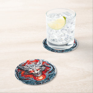 Dessous-de-verre Rond En Papier Tête de dragon mythique de la flamme rouge
