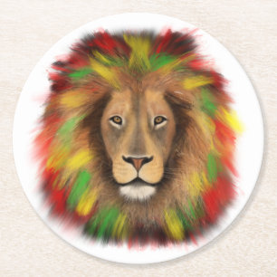Dessous-de-verre Rond En Papier Tête de lion rasta rouge jaune vert dessin Jamaïqu