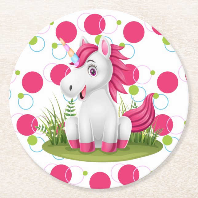 Dessous-de-verre Rond En Papier Thème Anniversaire de la licorne (Devant)