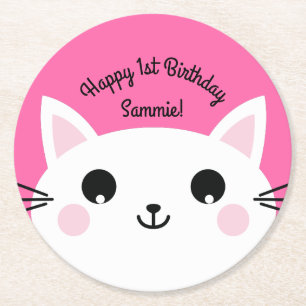 Dessous-de-verre Rond En Papier Thème d'anniversaire pour enfants Kitty Chat Migno
