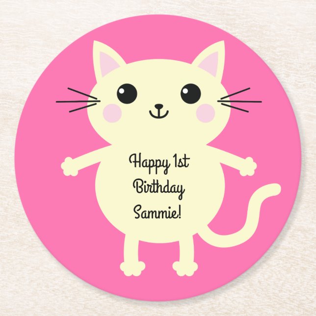 Dessous-de-verre Rond En Papier Thème de fête d'anniversaire de Cat Cute Kitty (Devant)