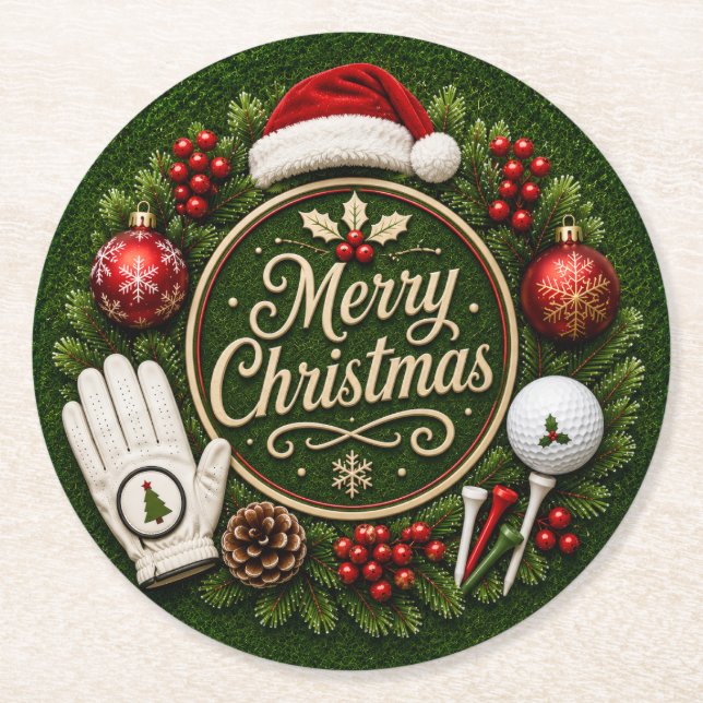 Dessous-de-verre Rond En Papier Thème de Noël de golf (Devant)