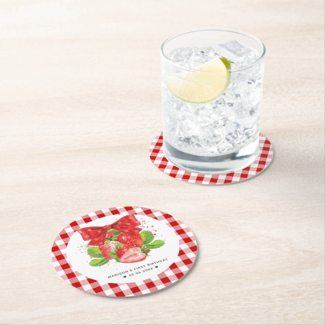 Dessous-de-verre Rond En Papier Thème personnalisé fraise Anniversaire été (En situation)
