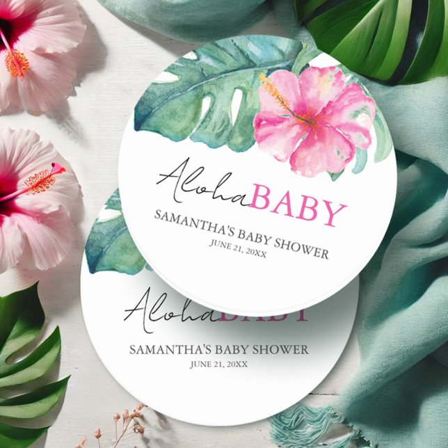 Dessous-de-verre Rond En Papier Thème tropical Baby shower fille (Baby shower favors tropical hibiscus flowers and palm leaves art by Victoria Grigaliunas)