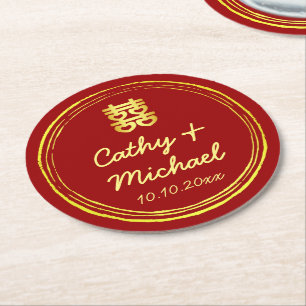 Dessous-de-verre Rond En Papier Timbres logo de double bonheur de mariage chinois