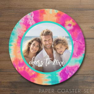 Dessous-de-verre Rond En Papier Tissu Tie-Dye Sarcelle Photo Année 70 pour la Nouv