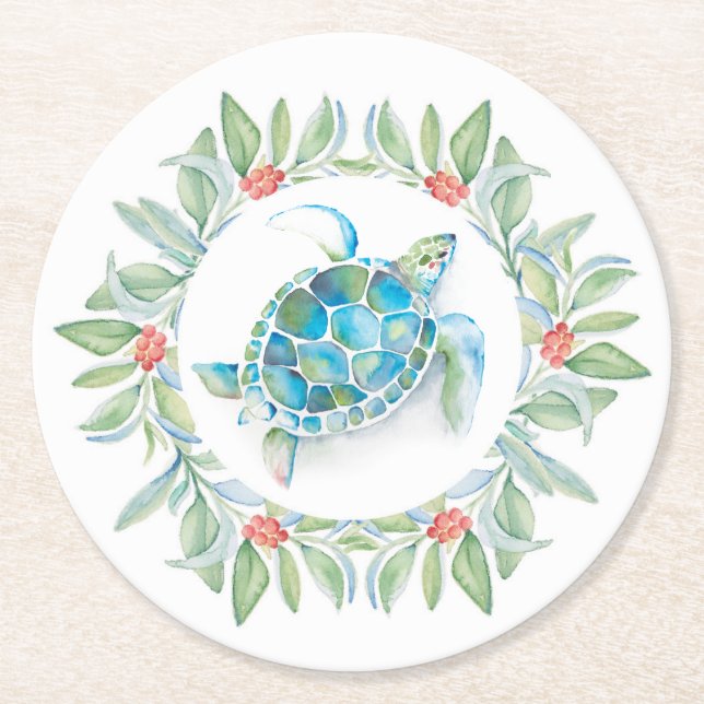 Dessous-de-verre Rond En Papier Tortue de mer de Noël (Devant)