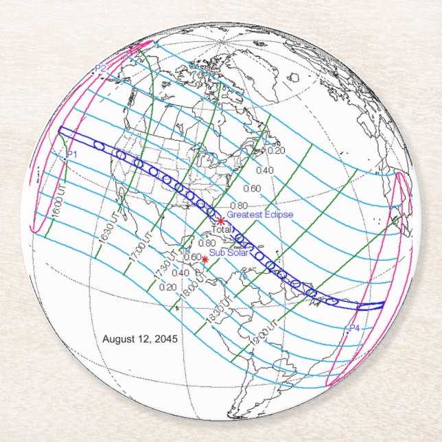 Dessous-de-verre Rond En Papier Total Solaire Eclipse 2045 Global Path (Devant)