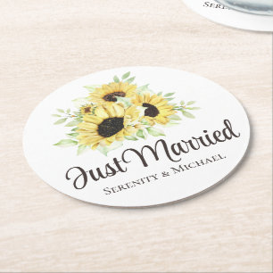 Dessous-de-verre Rond En Papier Tournesol Aquarelle Floral Juste Marié Mariage