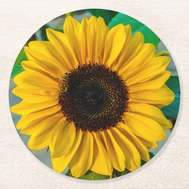 Dessous-de-verre Rond En Papier Tournesol avec abeille (Devant)