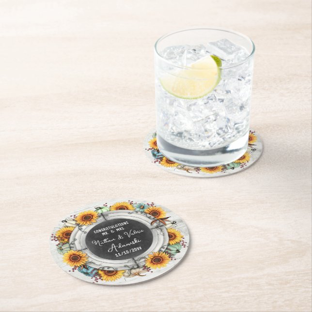 Dessous-de-verre Rond En Papier Tournesol Citrouille Campagne Rustique Mariage de  (En situation)