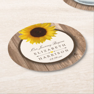 Dessous-de-verre Rond En Papier Tournesol rustique et Mariage de bois Brown