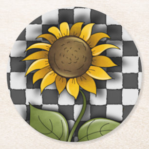 Dessous-de-verre Rond En Papier Tournesol sur À damiers Arrière - plan