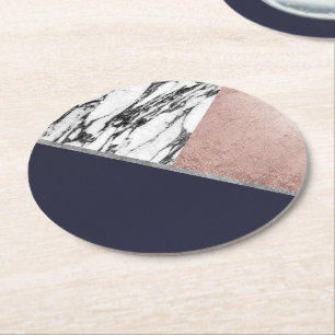 Dessous-de-verre Rond En Papier Triangle rose de bleu marine d'or de marbre