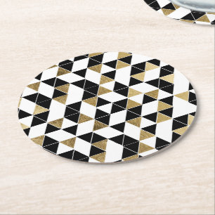 Dessous-de-verre Rond En Papier Triangles modernes noires, blanches, et de Faux