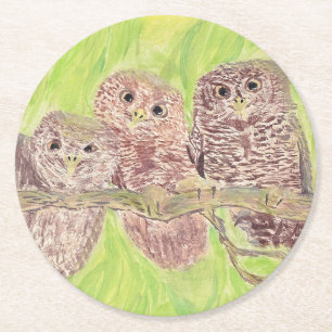 Dessous-de-verre Rond En Papier Trois Petites Chouettes - peinture acrylique.
