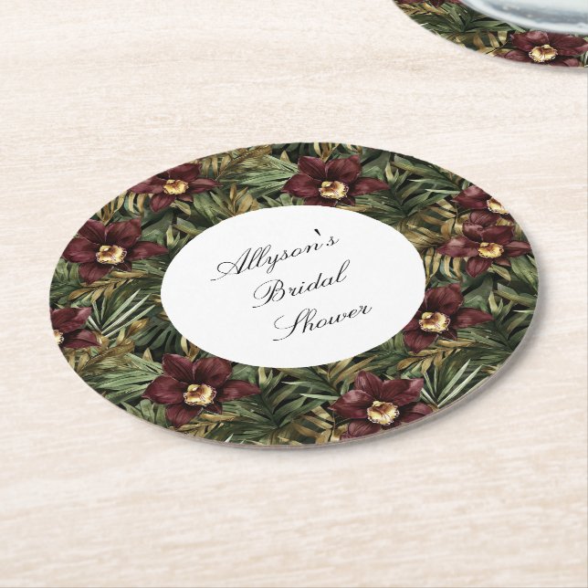 Dessous-de-verre Rond En Papier Tropical Bourgogne Rouge Orchidée Fête des mariées (Incliné)