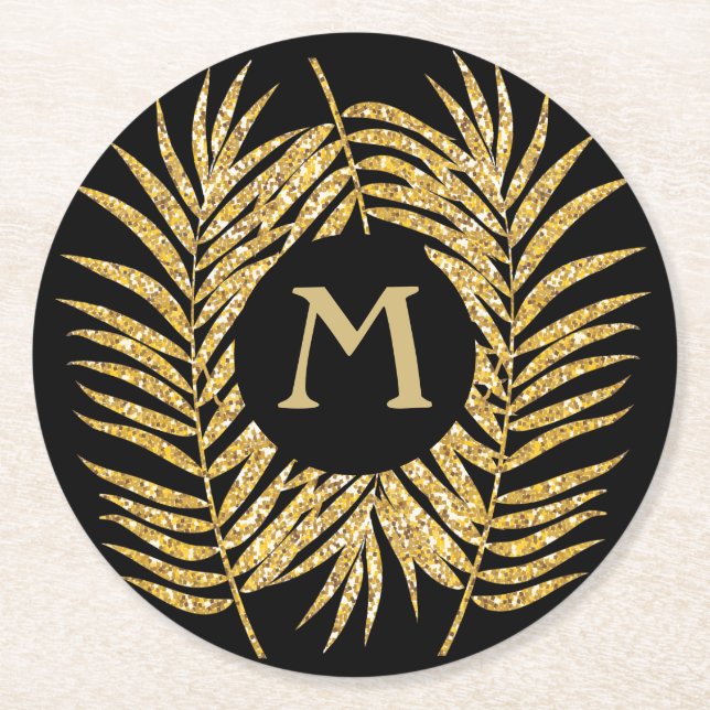 Dessous-de-verre Rond En Papier Tropical Gold Parties scintillant Palm Tree Fronds (Devant)