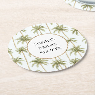 Dessous-de-verre Rond En Papier Tropical Green White Palm Trees Fête de Mariage