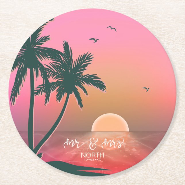 Dessous-de-verre Rond En Papier Tropical Isle Sunrise Mr. & Mme Pink ID581 (Devant)