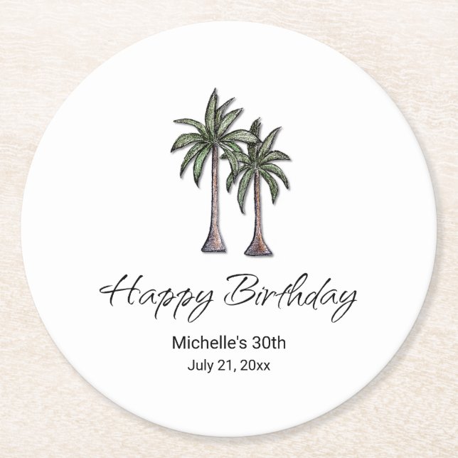 Dessous-de-verre Rond En Papier Tropical Palm Trees Elegant 30th Birthday Party (Devant)