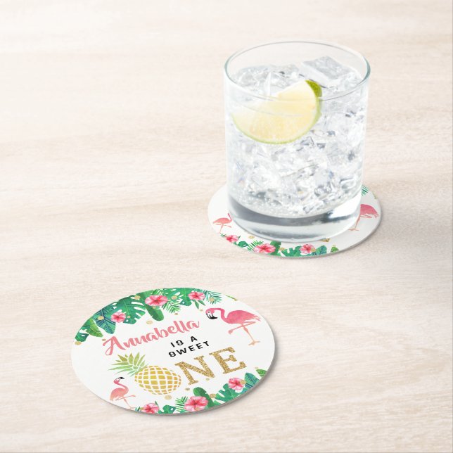 Dessous-de-verre Rond En Papier Tropical Summer Beach Luau Girls 1er anniversaire (En situation)