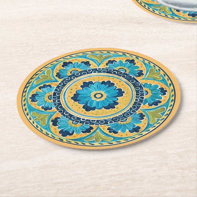 Dessous-de-verre Rond En Papier Tuile mexicaine florale bleue (Incliné)