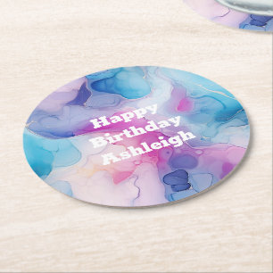 Dessous-de-verre Rond En Papier Turquoise Aqua Marbre rose violet Anniversaire