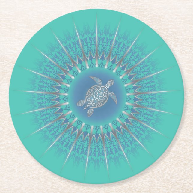 Dessous-de-verre Rond En Papier Turquoise argentée Turquoise Mandala (Devant)