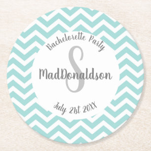 Dessous-de-verre Rond En Papier turquoise et blanc chevron monogramme fête