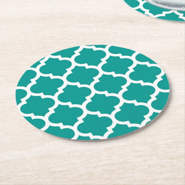Dessous-de-verre Rond En Papier Turquoise foncé blanc marocain Quatrefoil Motif #5 (Incliné)