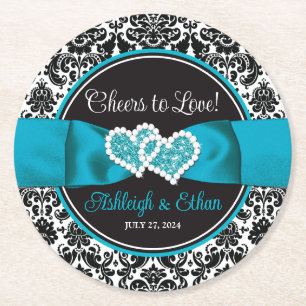 Dessous-de-verre Rond En Papier Turquoise, Noir Damask Love Hearve Mariage