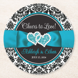 Dessous-de-verre Rond En Papier Turquoise, Noir Damask Love Hearve Mariage