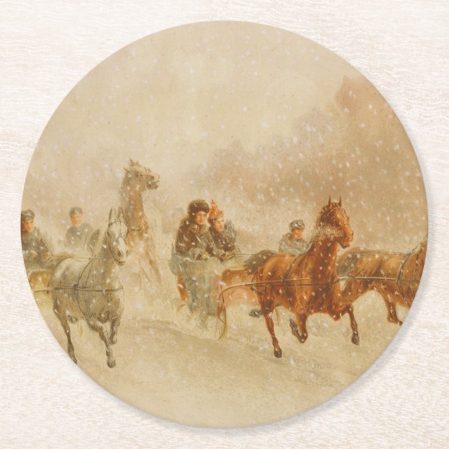 Dessous-de-verre Rond En Papier Un cheval Open Sleigh Race Noël (Devant)