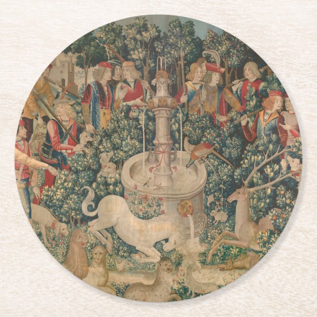 Dessous-de-verre Rond En Papier Unicorn est trouvé, Tapisserie médiévale (Devant)