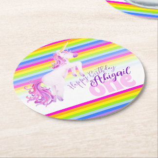 Dessous-de-verre Rond En Papier Unicorn rainbow 1st birthday coasters
