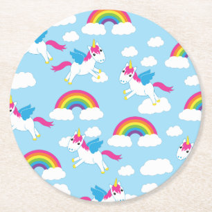 Dessous-de-verre Rond En Papier Unicorns & Rainbows Mignonne 1er anniversaire Thèm