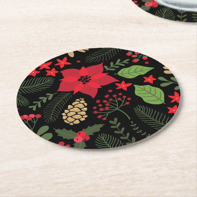 Dessous-de-verre Rond En Papier Vacances de Noël de poinsettia (Incliné)