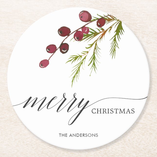 Dessous-de-verre Rond En Papier Vacances rouges de baies de verdure (Devant)