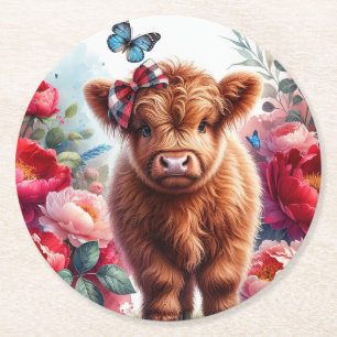 Dessous-de-verre Rond En Papier Vache mignonne dans un champ de pivoines