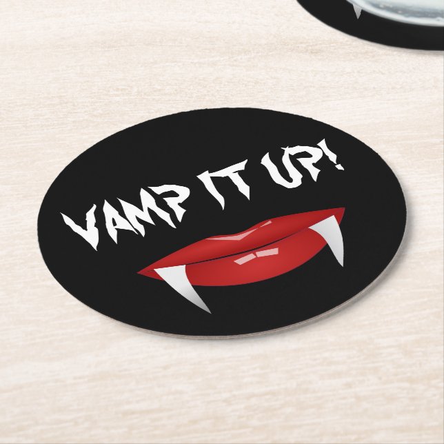 Dessous-de-verre Rond En Papier "VAMP IT UP !" Vampire Fangs Halloween (Incliné)