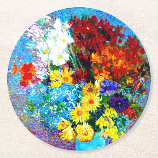 Dessous-de-verre Rond En Papier Van Gogh Flowers dans un Vase Bleu (Devant)