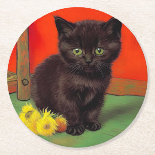 Dessous-de-verre Rond En Papier Van Gogh Style Chat noir