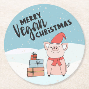 Dessous-de-verre Rond En Papier Végétan Noël avec piglet de dessin animé et cadeau