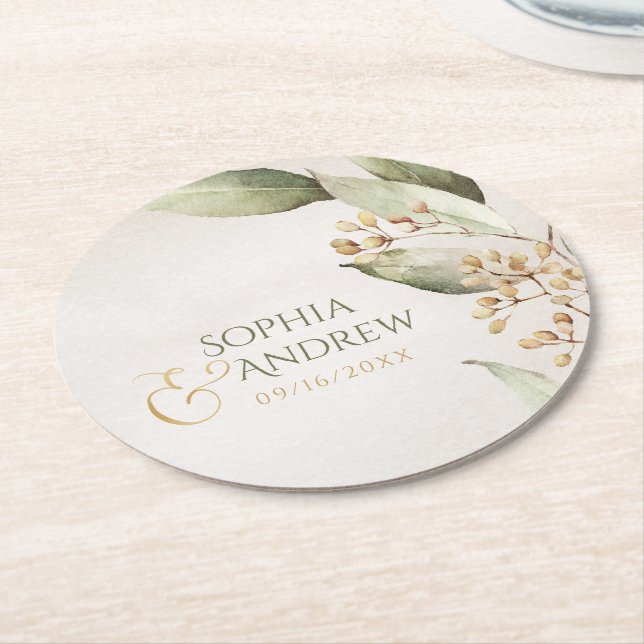 Dessous-de-verre Rond En Papier Verdure botanique Monogramme mariage rustique vint (Incliné)