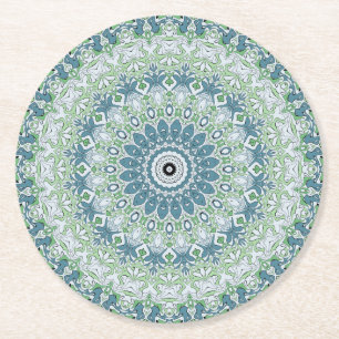 Dessous-de-verre Rond En Papier Vert Bleu Gris Côtier Mandala Kaleidoscope
