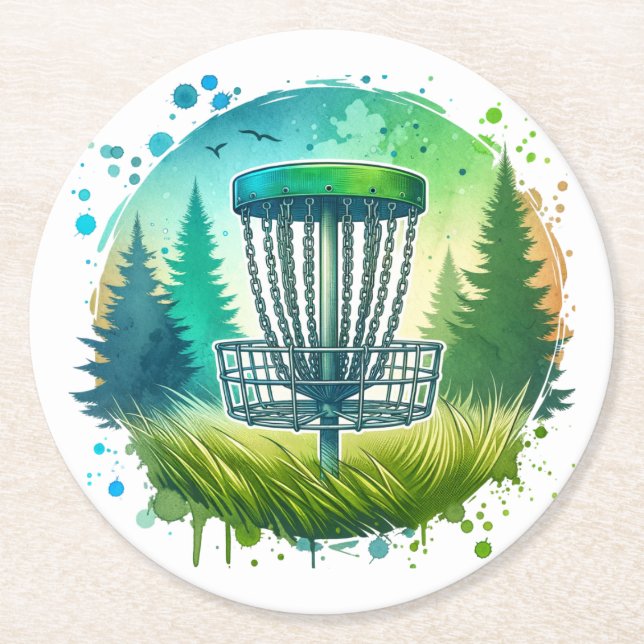 Dessous-de-verre Rond En Papier Vert et Bleu Disque Golf Thème (Devant)