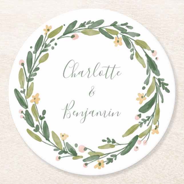 Dessous-de-verre Rond En Papier Vert Floral Aquarelle Verdure Mariage personnalisé (Devant)