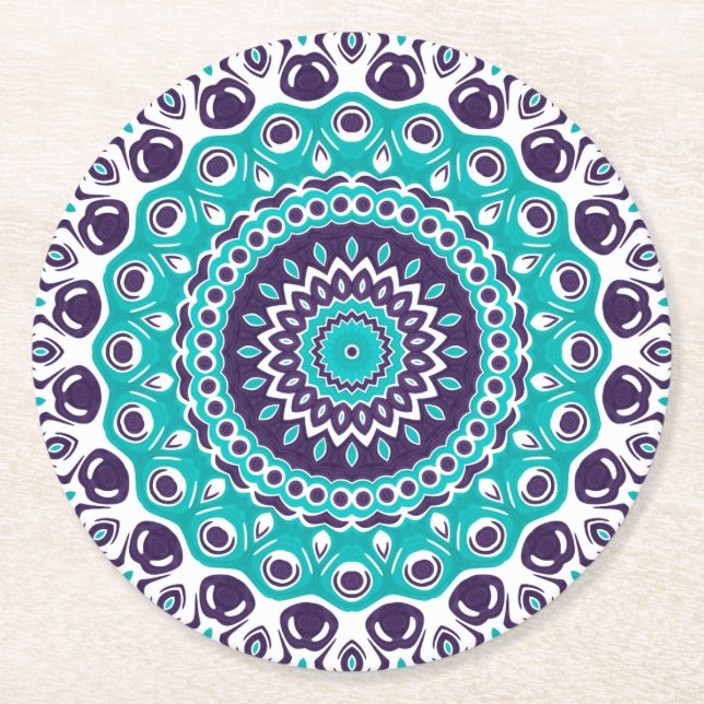 Dessous-de-verre Rond En Papier Vibrant Aqua and Plum Mandala Pattern (Devant)